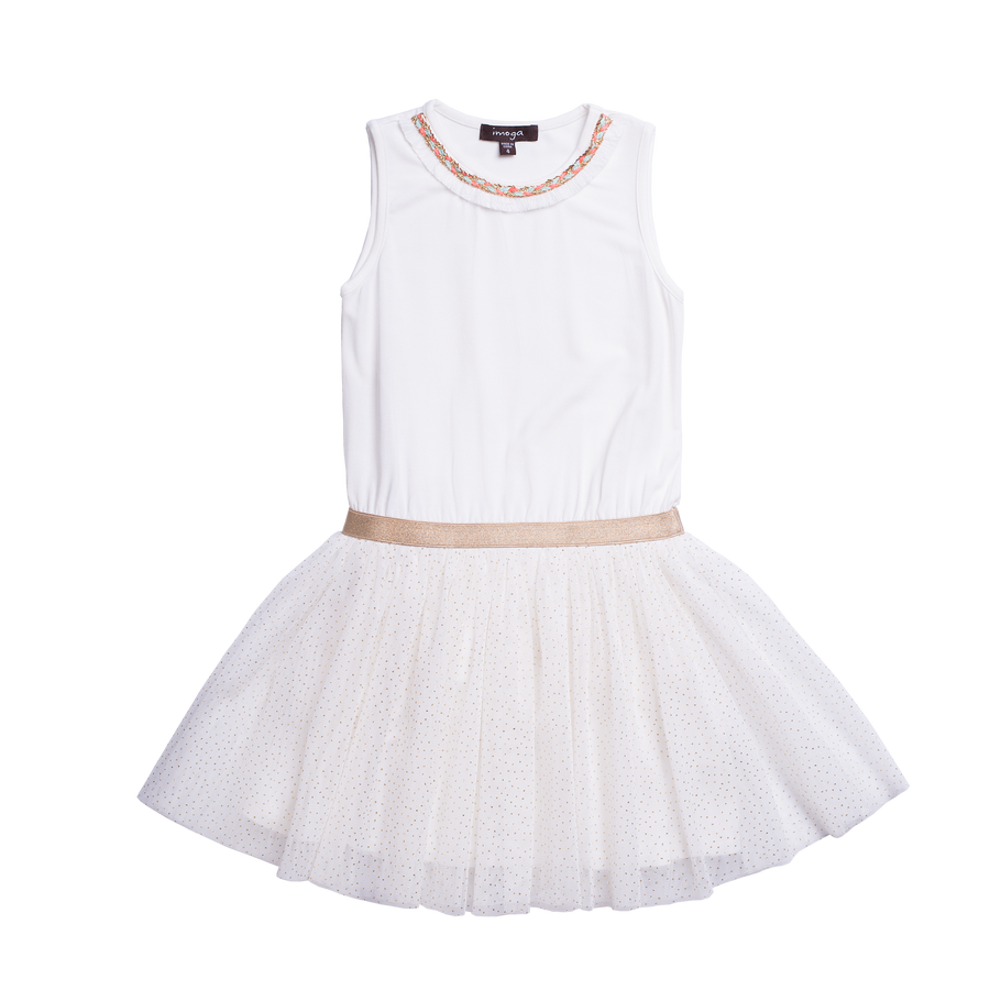 White ballerina tulle dress for girls. This dress has shimmer decorating the bottom and embellishment around the neckline. By Imoga.