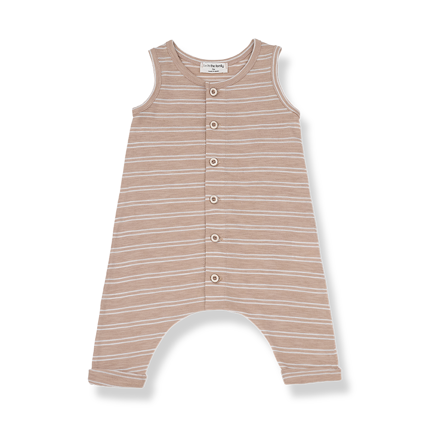 1+ In The Family unisex baby sleeveless overalls in argila with buttons down the front.
