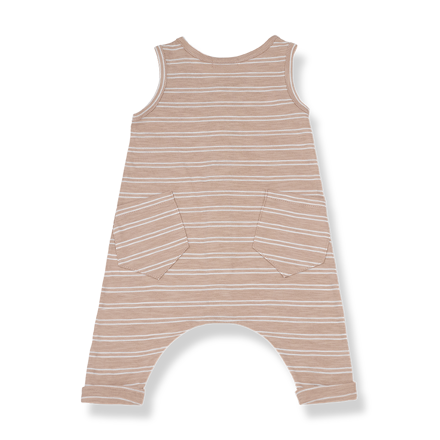 1+ In The Family unisex baby sleeveless overalls in argila with two pockets on the backside.