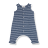 1+ In The Family unisex baby sleeveless overalls in indigo and white stripes with buttons down the front.