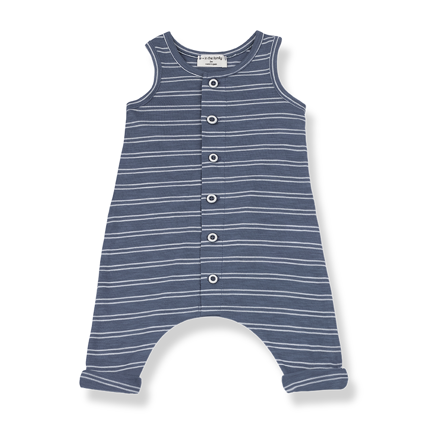 1+ In The Family unisex baby sleeveless overalls in indigo and white stripes with buttons down the front.