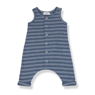 1+ In The Family unisex baby sleeveless overalls in indigo and white stripes with buttons down the front.