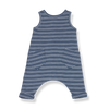 1+ In The Family unisex baby sleeveless overalls in indigo and white stripes with two pockets on the backside.