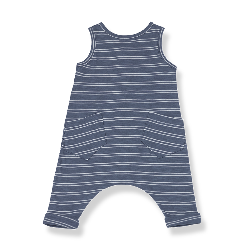 1+ In The Family unisex baby sleeveless overalls in indigo and white stripes with two pockets on the backside.