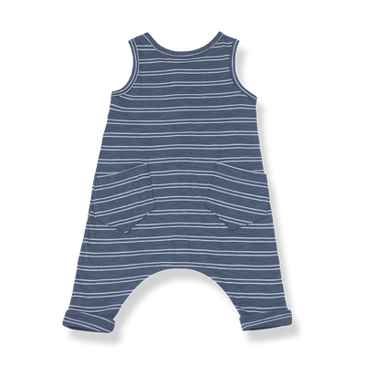 1+ In The Family unisex baby sleeveless overalls in indigo and white stripes with two pockets on the backside.