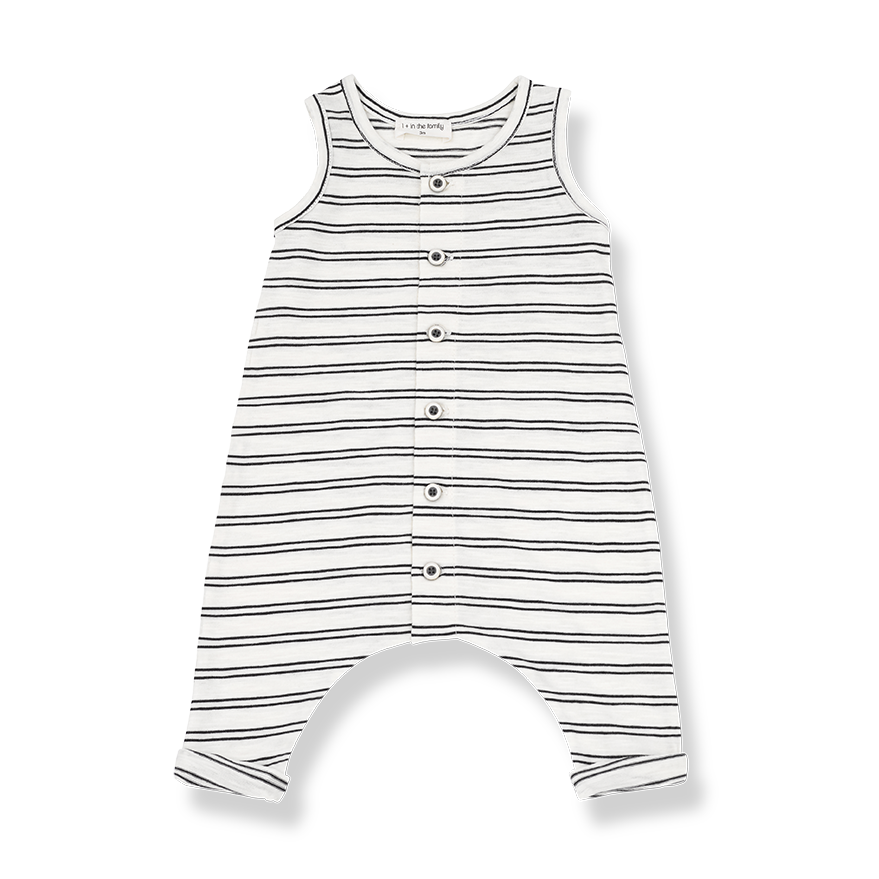 1+ In The Family unisex baby black and white sleeveless overalls with buttons down the front.