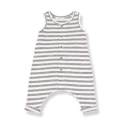 1+ In The Family unisex baby black and white sleeveless overalls with buttons down the front.