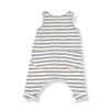 1+ In The Family unisex baby black and white sleeveless overalls with two pockets on the backside.