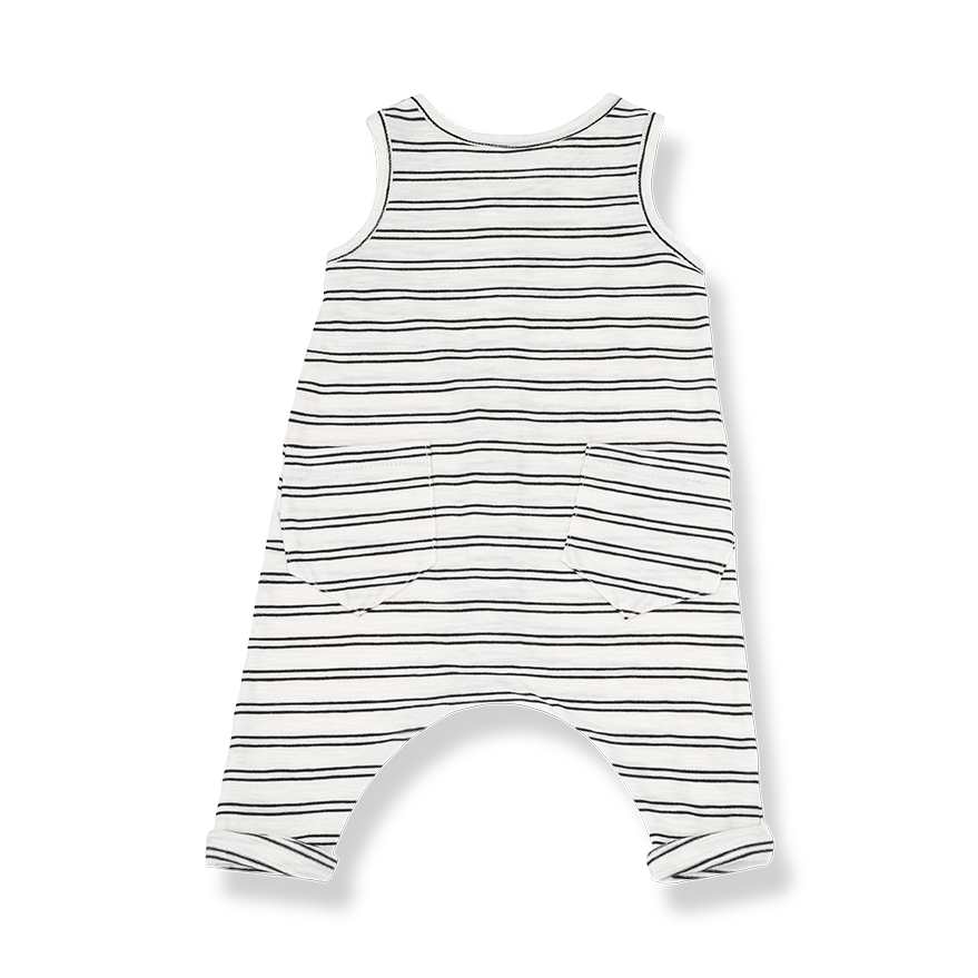 1+ In The Family unisex baby black and white sleeveless overalls with two pockets on the backside.