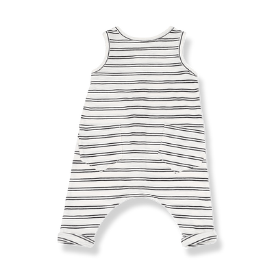 1+ In The Family unisex baby black and white sleeveless overalls with two pockets on the backside.