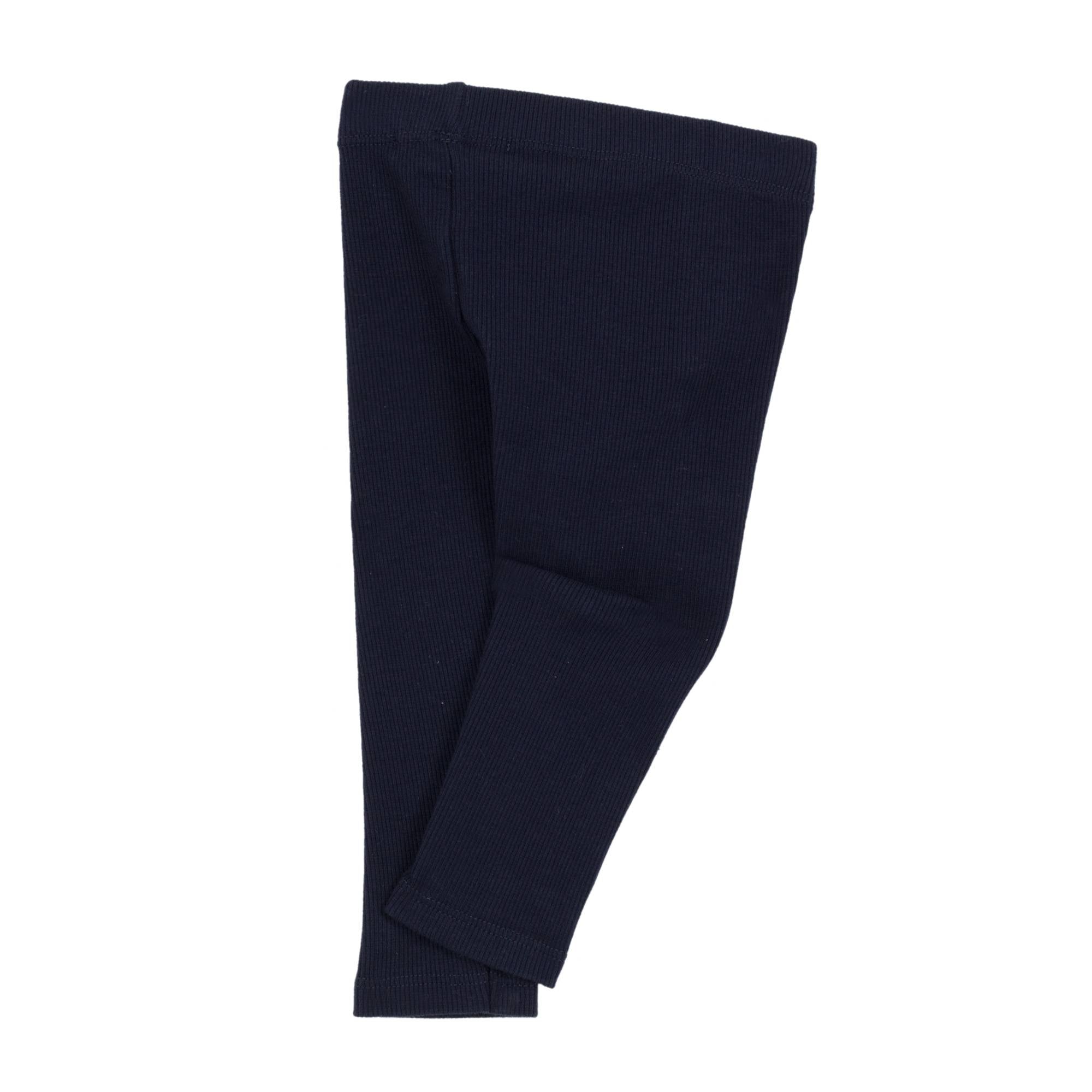 Jean Bourgert navy blue cotton leggings is punctuated by fine ribs and large ivory ribbon at the waist.
