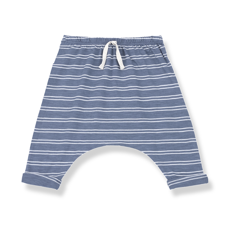 1+ In The Family baby boy indigo and white striped cotton jersey pants with drawstring at the front.