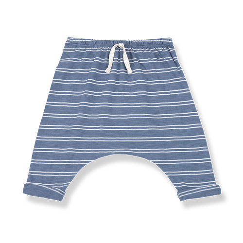 1+ In The Family baby boy indigo and white striped cotton jersey pants with drawstring at the front.