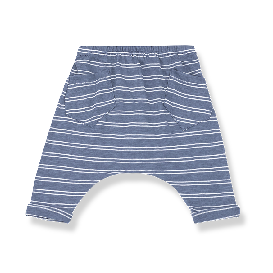 1+ In The Family baby boy indigo and white striped cotton jersey pants with two back pockets.
