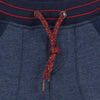 Boys indigo fleece warm joggers with elasticated belt and red stitching. Deigned by Jean Bourget.