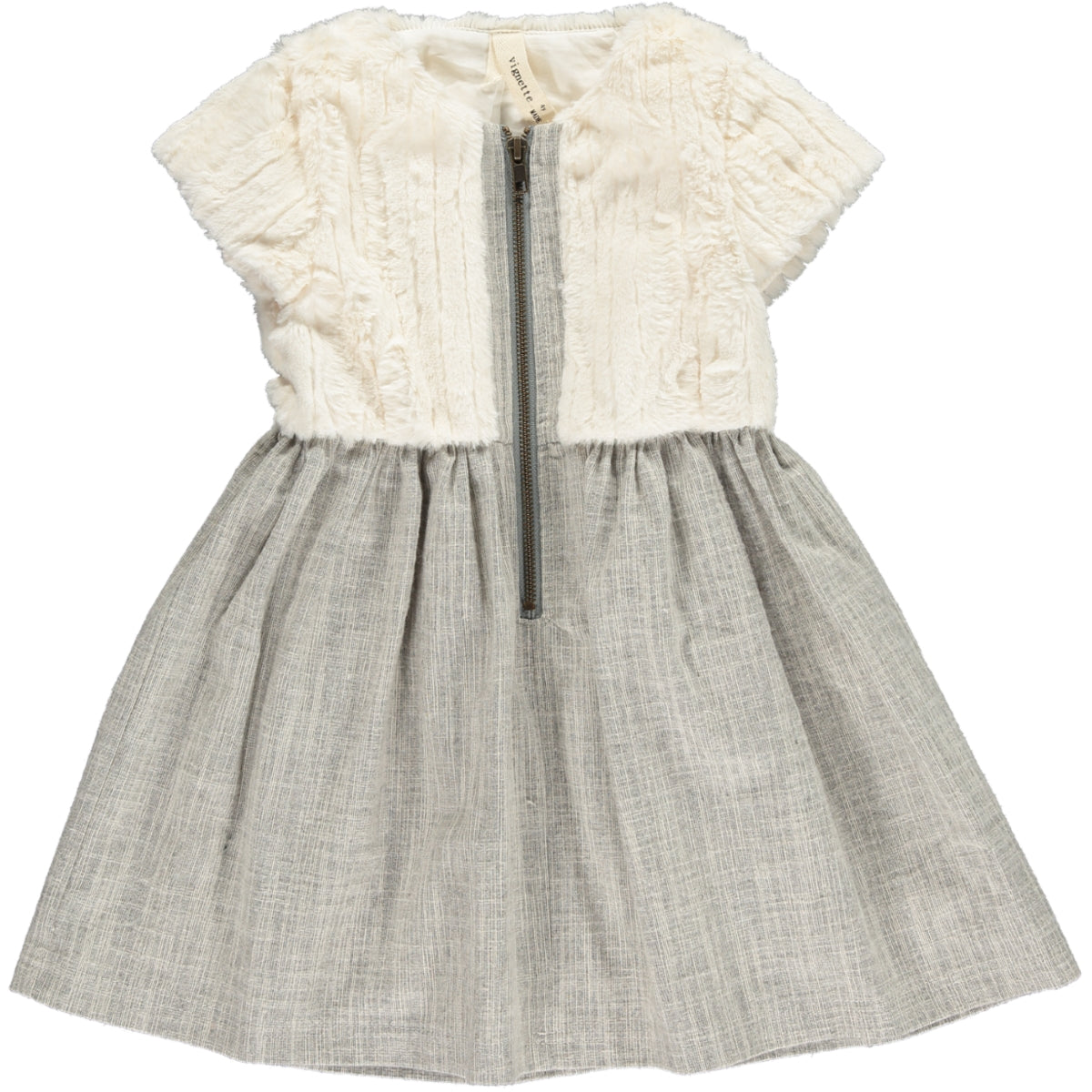 Faux fur and cotton blend dress with a zipper down the middle in the color frost designed by Vignette.