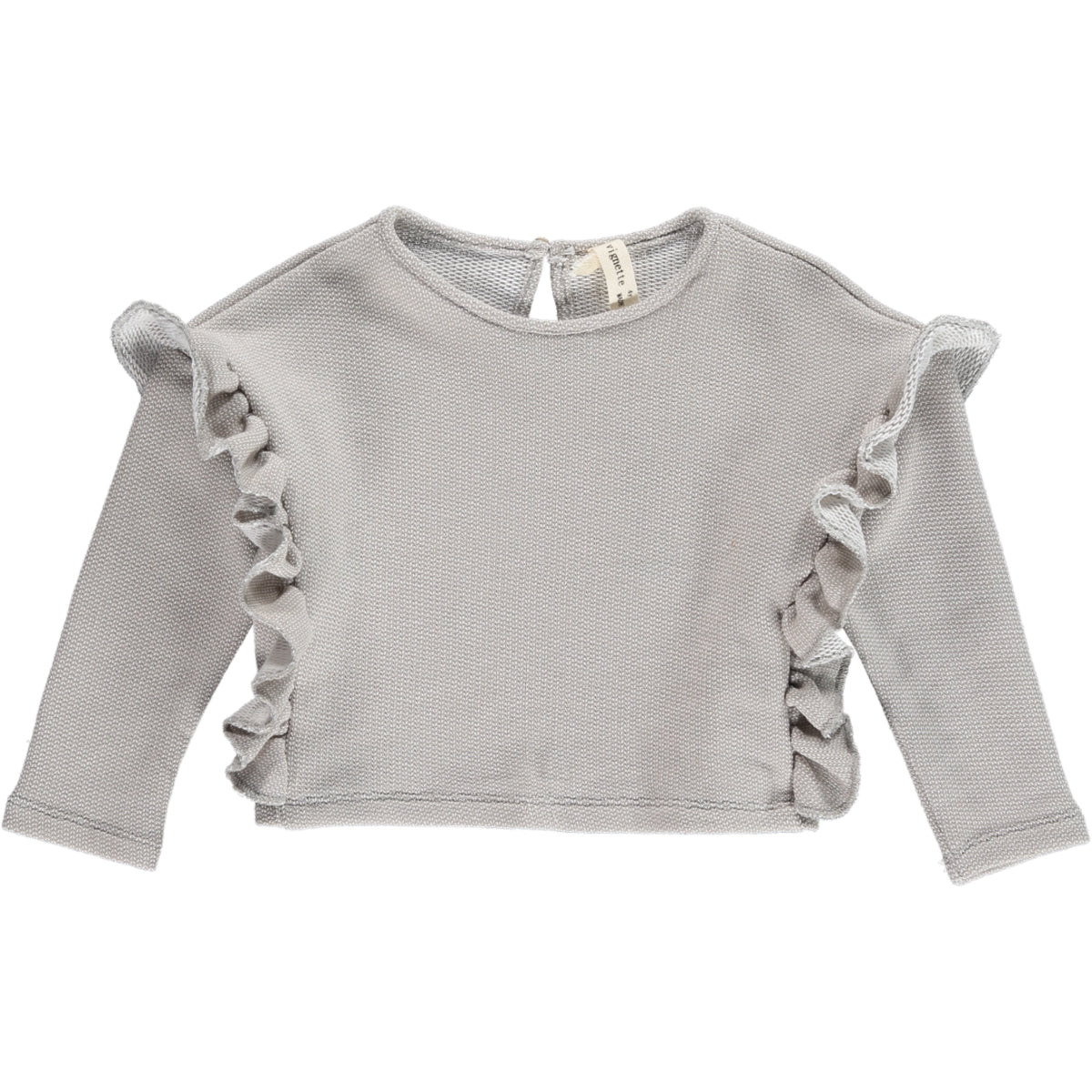 100% cotton top in grey outlined with ruffles down both sides. Designed by Vignette.