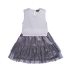 Girls sleeveless sweater dress in grey. The top has shimmer and the skirt is polyester with specs of shimmer. Designed by Imoga.