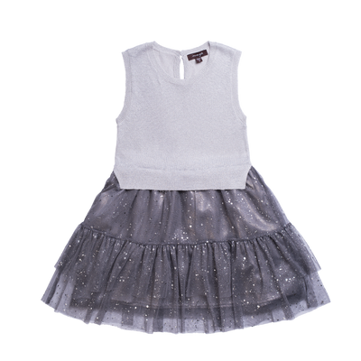 Girls sleeveless sweater dress in grey. The top has shimmer and the skirt is polyester with specs of shimmer. Designed by Imoga.