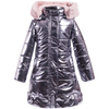Girls long shiny puffer coat in gunmetal color with faux fur lined hoodie. Designed by Imoga.