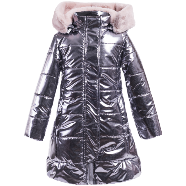Girls long shiny puffer coat in gunmetal color with faux fur lined hoodie. Designed by Imoga.