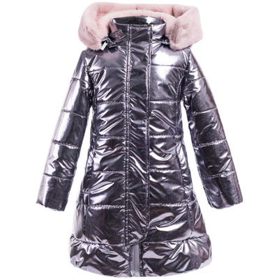 Girls long shiny puffer coat in gunmetal color with faux fur lined hoodie. Designed by Imoga.