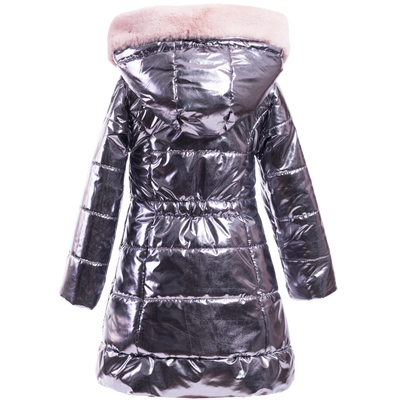 Girls long shiny puffer coat in gunmetal color with faux fur lined hoodie. Designed by Imoga.