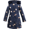 Girls long puffer coat in navy embellished with gold hearts and a faux fur hoodie. Coat designed by Imoga.