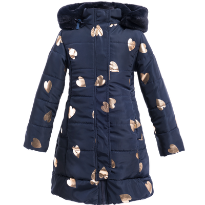 Girls long puffer coat in navy embellished with gold hearts and a faux fur hoodie. Coat designed by Imoga.