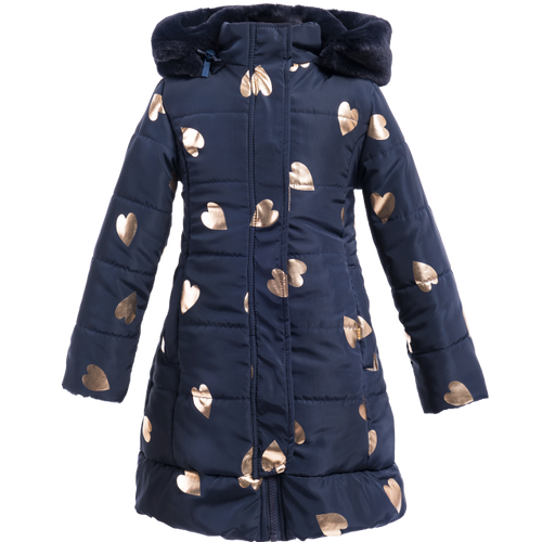 Girls long puffer coat in navy embellished with gold hearts and a faux fur hoodie. Coat designed by Imoga.