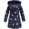 Girls long puffer coat in navy embellished with gold hearts and a faux fur hoodie. Coat designed by Imoga.