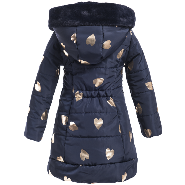 Girls long puffer coat in navy embellished with gold hearts and a faux fur hoodie. Coat designed by Imoga.