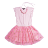 Sleeveless pink tutu dress with gold stars decorating the skirt. Ruffles outline the sleeve opening and a beaded necklace for the finish. By Imoga.