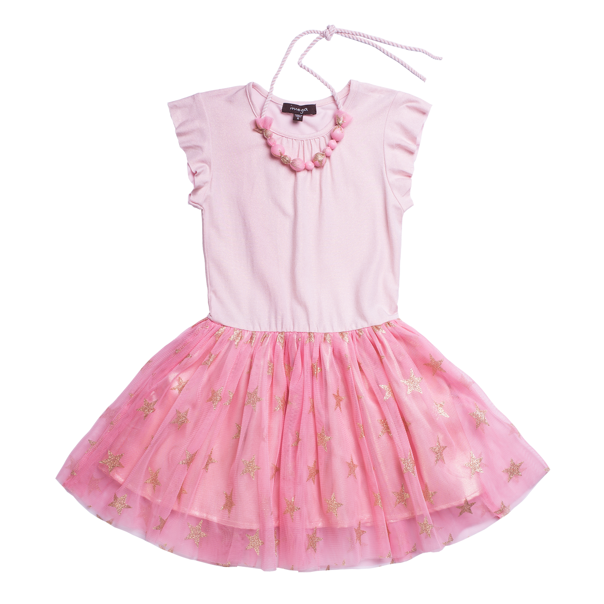 Sleeveless pink tutu dress with gold stars decorating the skirt. Ruffles outline the sleeve opening and a beaded necklace for the finish. By Imoga.