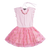 Sleeveless pink tutu dress with gold stars decorating the skirt. Ruffles outline the sleeve opening and a beaded necklace for the finish. By Imoga.