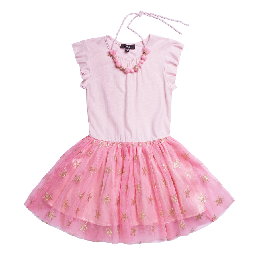 Sleeveless pink tutu dress with gold stars decorating the skirt. Ruffles outline the sleeve opening and a beaded necklace for the finish. By Imoga.