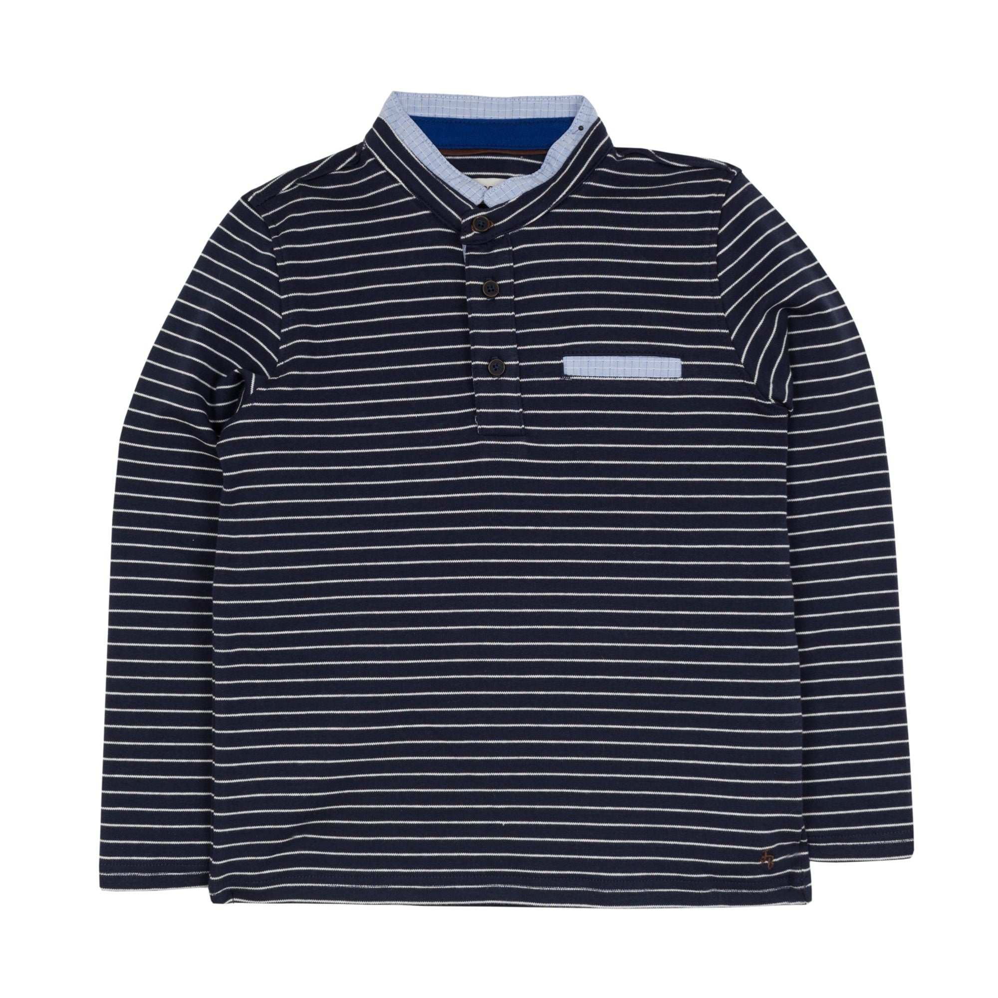 Jean Bourget navy blue long-sleeved polo shirt is punctuated with a sailor stripe. This classic look is twisted by a piped collar of light blue check fabric, matching the fake breast pocket and buttonhole.