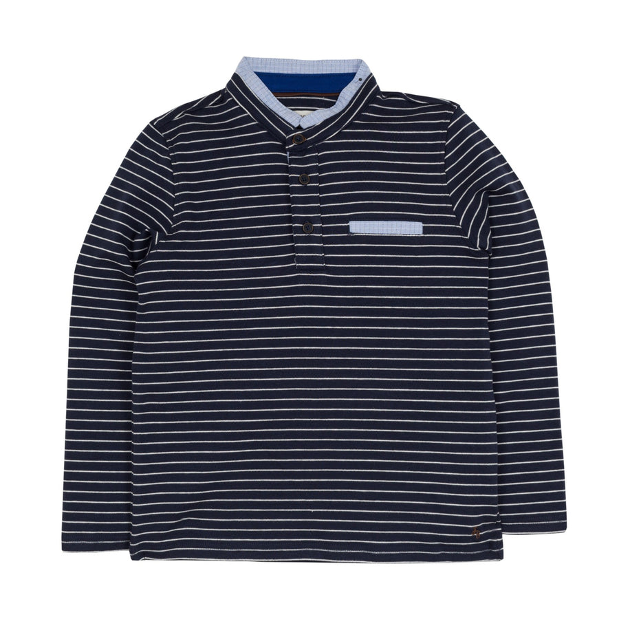 Jean Bourget navy blue long-sleeved polo shirt is punctuated with a sailor stripe. This classic look is twisted by a piped collar of light blue check fabric, matching the fake breast pocket and buttonhole.