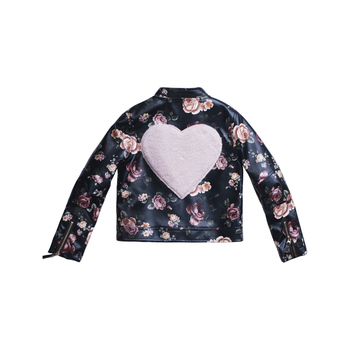 Girls faux leather jacket with pink flowers designed all over and a faux fur pink heart shaped patch on the back, by Imoga.