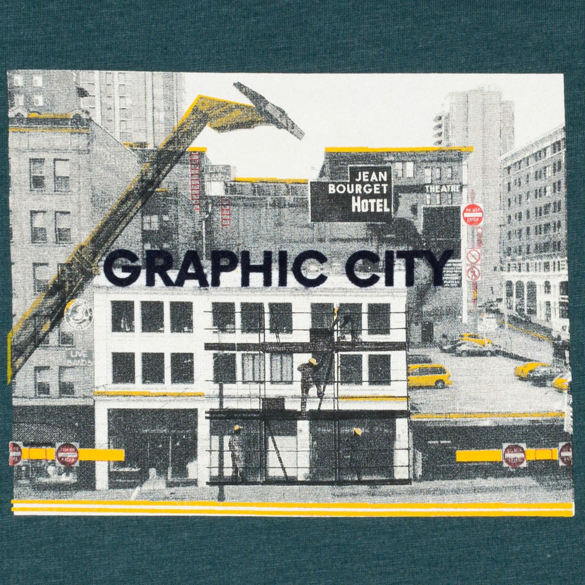 Jean Bourget long-sleeved green cotton and polyester tee is printed with a black and white city image, enhanced with contrasting yellow and red details.