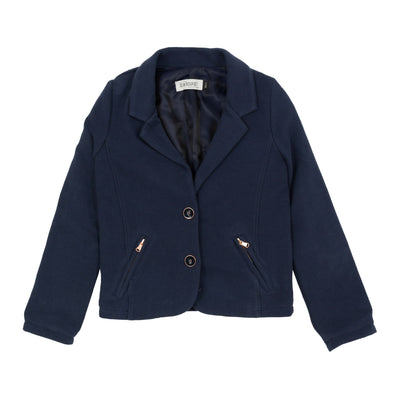 Jena Bourget navy blue mesh blazer is streaked with thin ribs. With two large buttons surrounded by copper edges, the jacket is energized by matching zipped pockets.