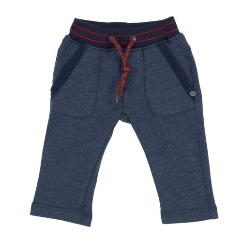 Boys indigo fleece warm joggers with elasticated belt and red stitching. Deigned by Jean Bourget.