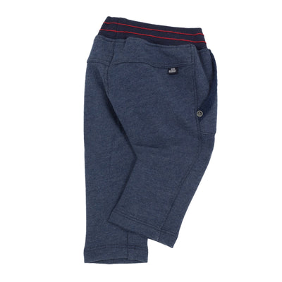 Boys indigo fleece warm joggers with elasticated belt and red stitching. Deigned by Jean Bourget.