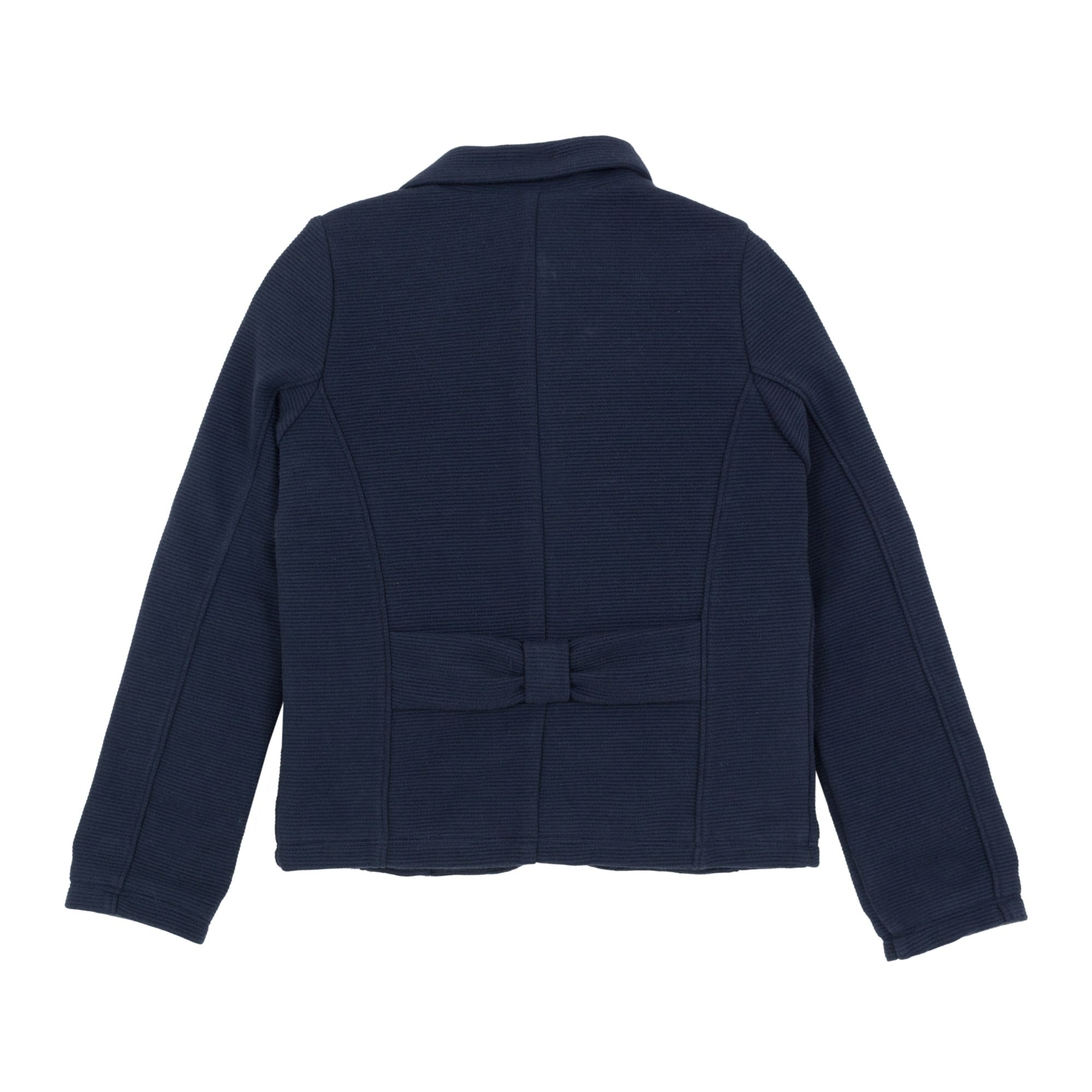 Jena Bourget navy blue mesh blazer is streaked with thin ribs. With two large buttons surrounded by copper edge