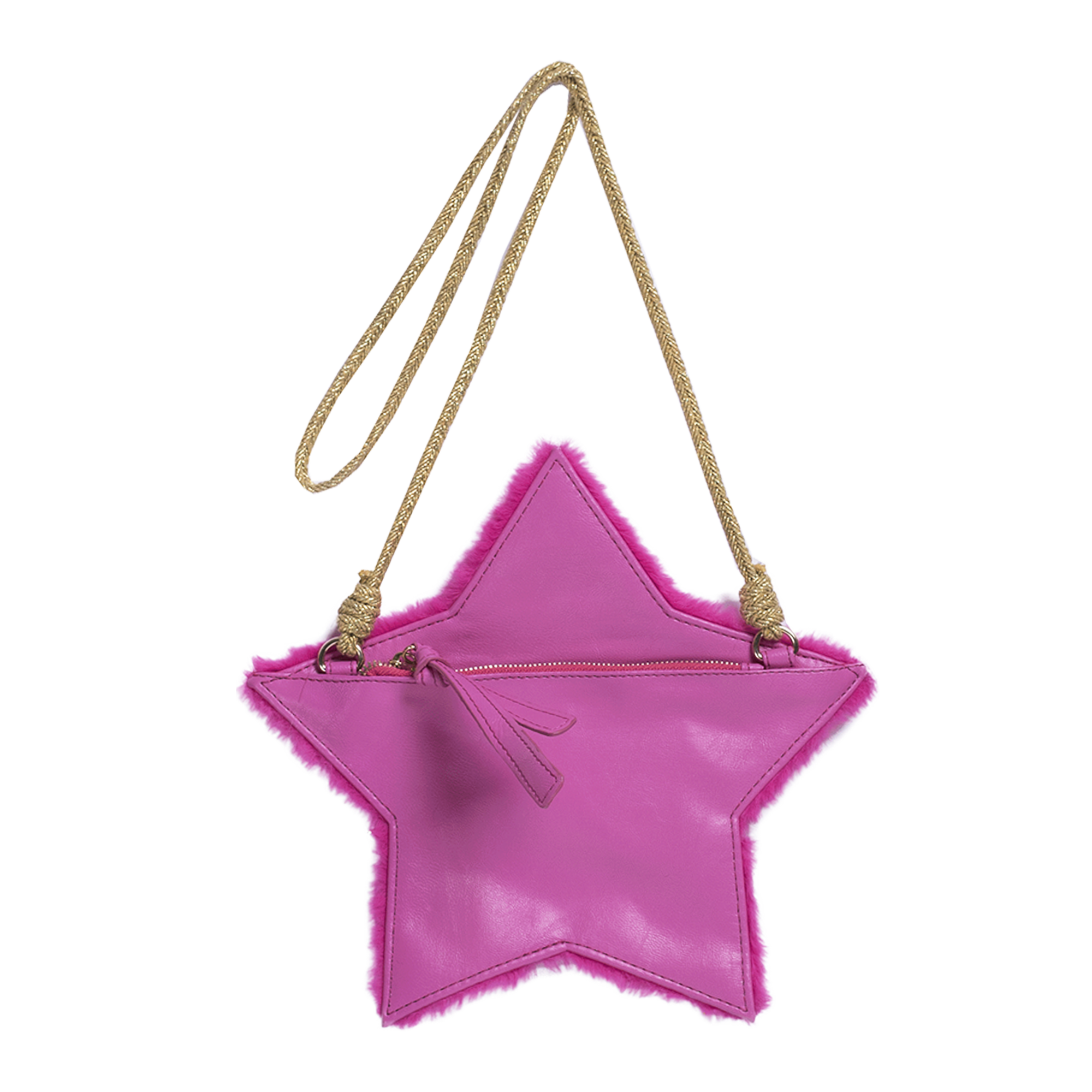 Girls fucisa pink faux fur long strapped purse in the shape of a star. By Imoga.