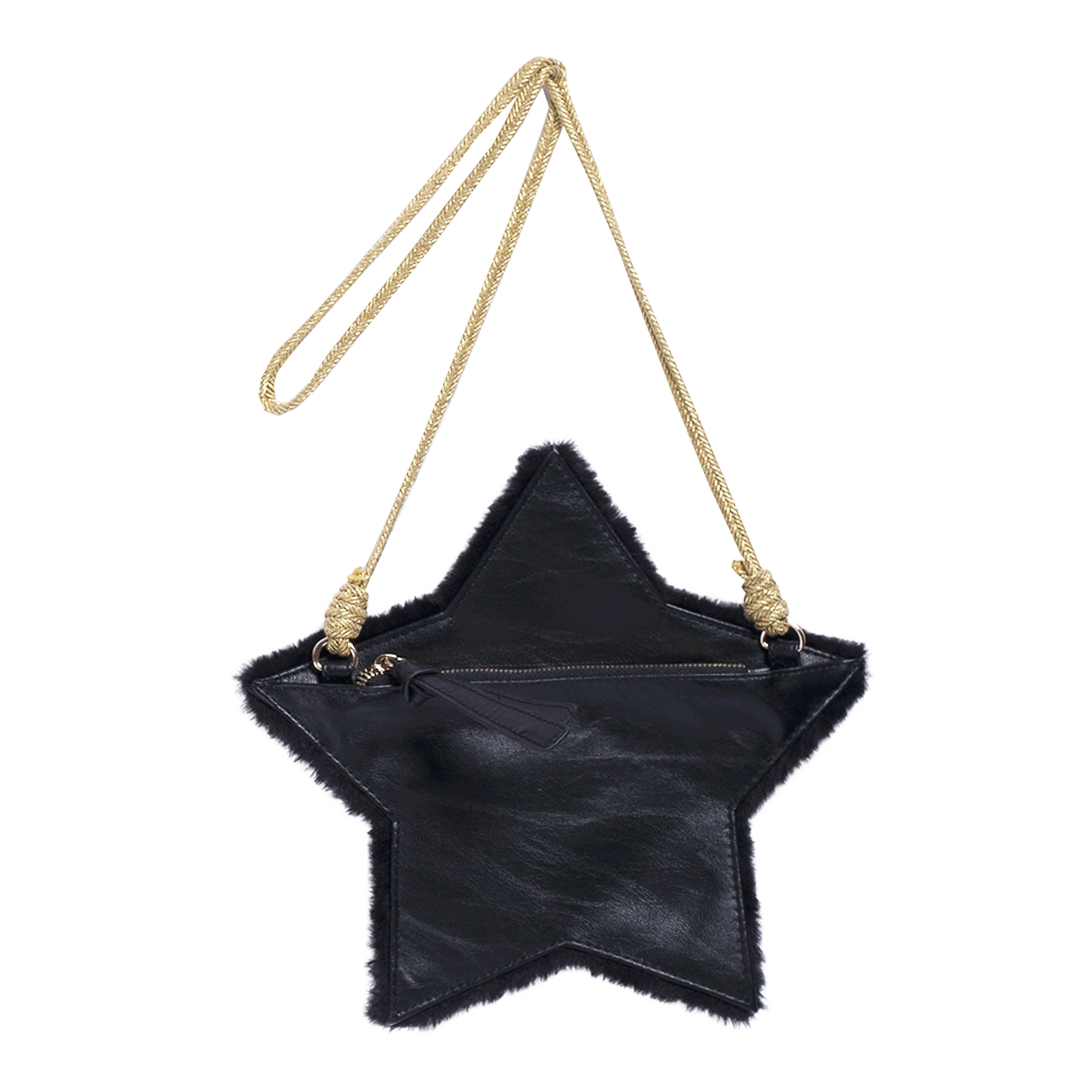 Black faux fur girls purse in the shape of a star with zipper in the back. Strap is made of gold fabric and designed by Imoga.