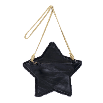 Black faux fur girls purse in the shape of a star with zipper in the back. Strap is made of gold fabric and designed by Imoga.