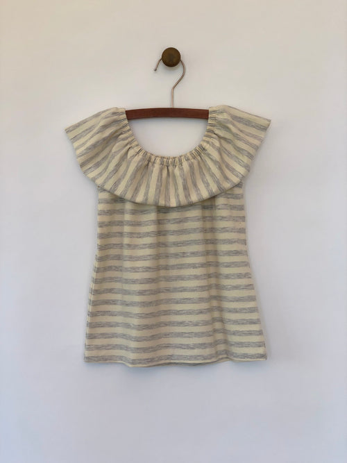 Girls sleeveless top in grey and ivory stripes with round draped collar by Vignette.